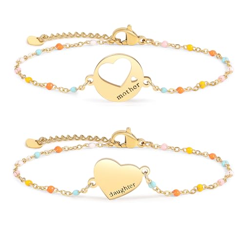 DS Mother Daughter Matching Bracelets,Adjustable Stainless Steel Gift Set | mother’s Day & Birthday Gift Box,Heart Charm,Mommy & Me Style,18K Gold Plated,Hypoallergenic,Daily Wear,Fits Women Teen Girls - color: Gold-4