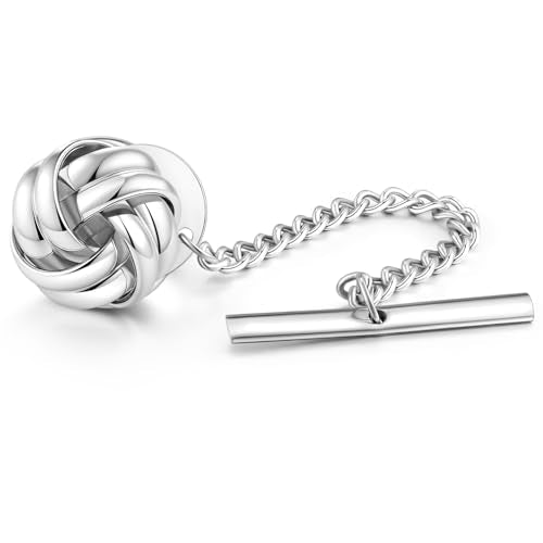 HONEY BEAR Knot Twisted Tie Tack with Chain for Men Necktie Accessory Gift | Tarnish-Resistant Tie Pin, Copper Base with Steel Plating, Secure Locking Clasp, Elegantly Gift Boxed - color: Shinny Silver