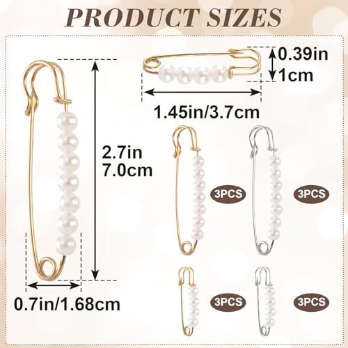 HINZIC 12Pcs Pearl Brooch Safety Pins 2.7inch 1.45 inch Gold Silver Faux Clothing Charms Fashion Pants Clips to Tighten Waist Large Sweater Shawl Pins for Women Socks Dress Decorative Accessories