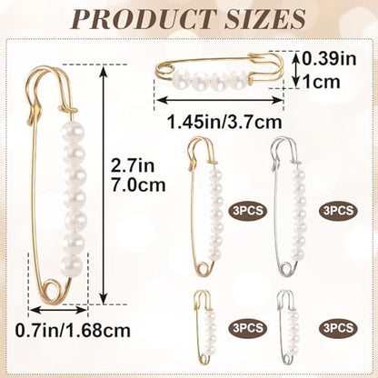 HINZIC 12Pcs Pearl Brooch Safety Pins 2.7inch 1.45 inch Gold Silver Faux Clothing Charms Fashion Pants Clips to Tighten Waist Large Sweater Shawl Pins for Women Socks Dress Decorative Accessories