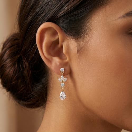 Sonateomber Gold Silver Pearl Rhinestone Dangle Earrings for Women, Elegant CZ Leaf Butterfly Bridal Earings Prom Wedding Fashion Jewelry Gift - color: Gold CZ