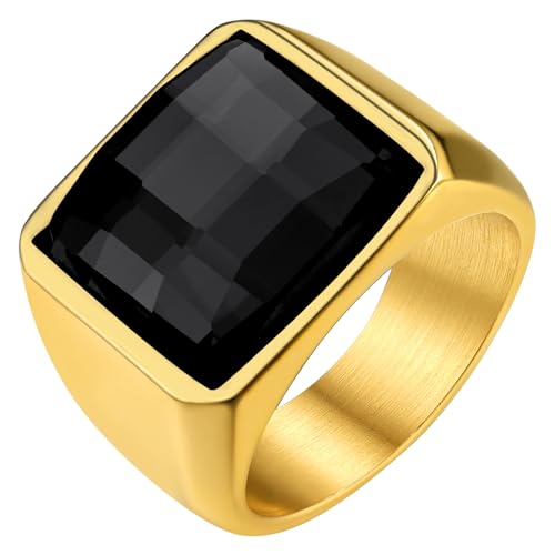 KeyStyle Square Gemstone Signet Rings for Men, Personalized Stainless Steel Pinky Ring with Black Onxy Blue Topaz Birthstone Statement Ring - color: Gold -Black Onyx - 15mm