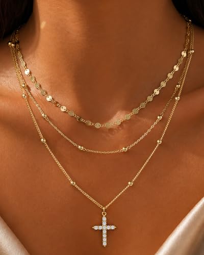 3 Pcs 14K Gold Plated Layered Gold Necklaces Stack for Women Pendant Set | Stackable Layering Design,Lightweight Fit,Tarnish-Resistant Finish,Adjustable Size,Less Tangling,Pretty Gift Jewelry - color: Gold CZ Cross