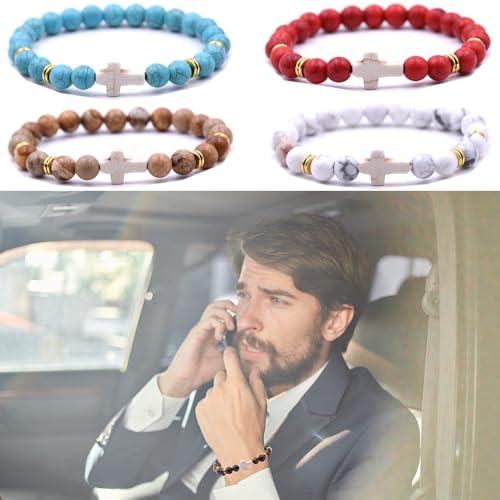 Beaded Bracelets Cross Bracelet for Women Men Lava Rock Turquoise Tiger Eye Natural Bracelet Anxiety Healing - color: 6 Pcs- white cross 1