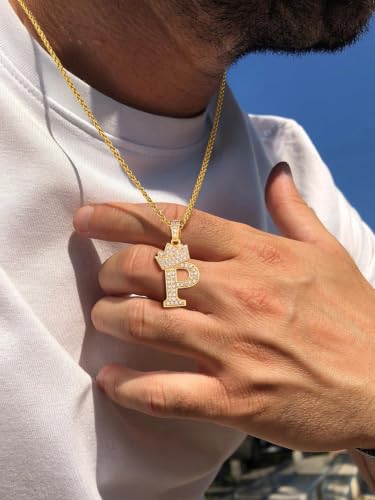 U7 Crown Initial Necklace Men Women, Bling Diamond A-Z 0-9 Letter Pendant with Wheat Chain, Silver/Black/Gold Plated CZ Alphabet Number Hip Hop Jersery for Father Husband - color: a. Gold, size: 16. P