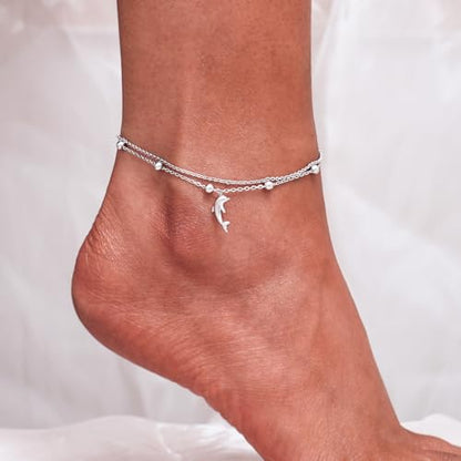 CHIC & ARTSY 925 Sterling Silver Ankle Bracelets for Women, Adjustable Layered Foot Chains with Nature & Symbol Charms, Lightweight Comfort Fit Boho Beach Everyday Jewelry - color: Dolphin/silver