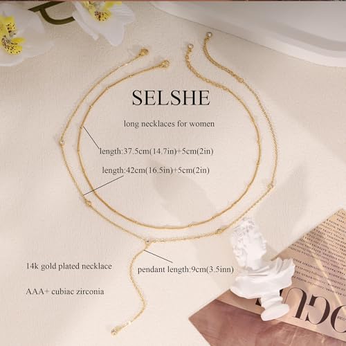 Layered Necklaces for Women,Dainty 14K Gold Plated Long Lariat Necklace Stack Simple Chain Pendant Necklace Fashion Accessories Long Necklaces for Women Trendy Gold Jewelry - color: CZ