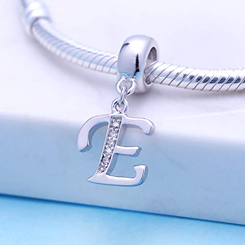 925 Sterling Silver Charms Alphabet Beads fit Pandora Charm Bracelets A-Z Letter Initial Spacer Dangle Clear CZ Stone Authentic for Snake Chain Bracelets - color: E