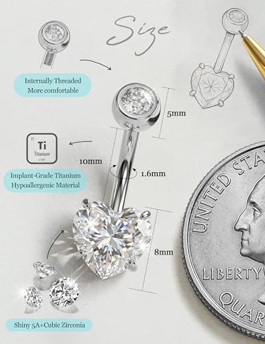 Tungary G23 Titanium Belly Button Rings for Women 14G Internally Threaded | Hypoallergenic Long Navel Piercing Jewelry, 3/8" Implant Grade Dangle Belly Button Piercing, 5A CZ, with Vacuum PVD Finish - color: Heart: Titanium Silver