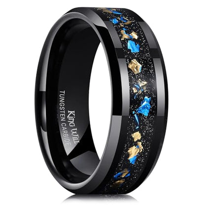 King Will Mens Wedding Band with Foils Inlay, Black/Silver/Gold | Black, 6mm/8mm, Beveled Edge, Comfort Fit, Glowstone Ring, Everyday Wear - color: Black&Blue+Gold-8mm