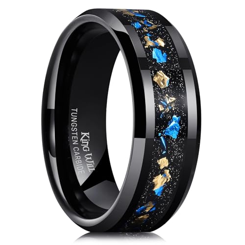 King Will Mens Wedding Band with Foils Inlay, Black/Silver/Gold | Black, 6mm/8mm, Beveled Edge, Comfort Fit, Glowstone Ring, Everyday Wear - color: Black&Blue+Gold-8mm