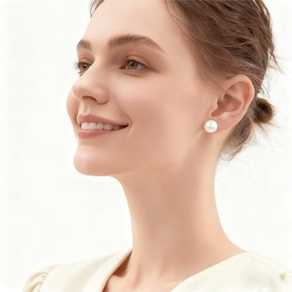 White Faux Pearl Stud Earrings, S925 Silver Posts Hypoallergenic for Women - color: White, size: 12mm