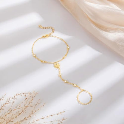 Mothers Day Gifts 14K Gold Plated Hand Chain Bracelet for Women, Stackable Gold/Silver Finger Ring Bracelet Hand Chain Dainty Non Tarnish Waterproof CZ Satellite Bead Link Adjustable Jewelry - color: Gold-Style 7
