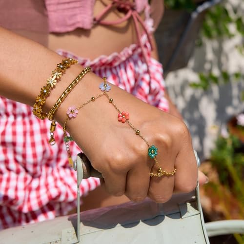 Dainty Flower Beaded Ring Bracelet Hand Chain for Women Stainless Steel 18K Gold Plated Colorful Flowers Daisy Adjustable Satellite Bead Harness Slave Wrist Link Bracelets Boho Jewelry Summer Beach