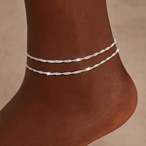 Moodear Ankle Bracelets for Women 14K Silver Plated Layered Chain Anklets | Waterproof Non Tarnish Adjustable Double Layer Anklet with Satellite Bead Chain Design for Summer Beach Jewelry Gift - color: silver-2