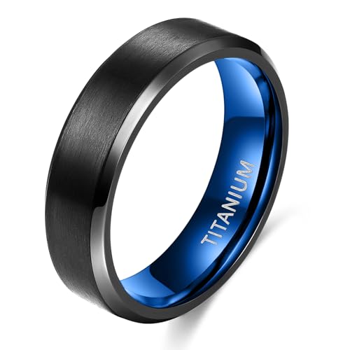 TIGRADE Titanium Rings 4MM 6MM 8MM 10MM Wedding Band in Comfort Fit Matte for Men Women Size 3-15 - color: black-blue 6mm