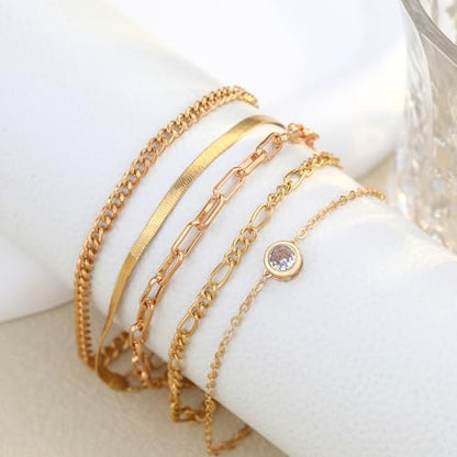 Bracelets for Women, Dainty Stackable Bracelet Stack Sets Tiny Box Chain Adjustable Bracelets Minimalist Cute Jewelry Paperclip Link Layered Waterproof Jewelry Sets Gifts - style: 5-PIECE IMITATION-ZIRCON