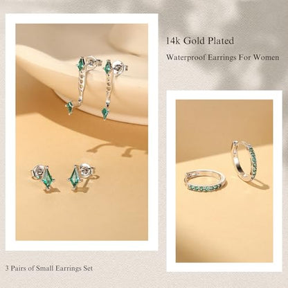 3 Pairs Stackable Kite Stud Earrings Set for Women Trendy | Dainty Birthstone Stud Gold & 925 Sterling Silver Huggie Hoop Jacket Stack Earrings for Women 2026 - color: Silver-Green Emeralde