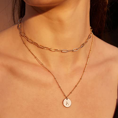 Valloey Rover Initial Necklaces for Women 14K Gold Plated Dainty Letter Necklce Round Coin Disc Pendant Double Side Engraved A-Z Necklace Personalized Jewelry Gift for Women - color: Layer-A