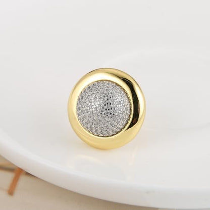 HZMAN Brass Crystal Adjustable Open Ring Collection, Multi-Style Statement Rings for Women & Men, Mix Cut & Paved Crystal Designs - color: Two-Tone Round Ring