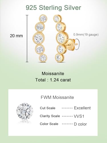 Moissanite 20mm Butterlfy/Flower/Leaf/Bezel Crawler Stud Earrings for Women, 925 Sterling Silver with Gold Plated, Hypoallergenic Cartilage Earrings, Valentines Birthday Anniversary Wedding Gift - color: Bezel Setting - Millgrain - Yellow Gold