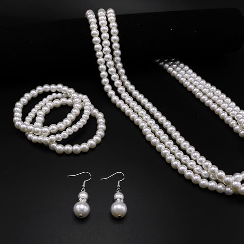 Long Pearl Necklaces for Women Cream White Faux Pearl Strand Layered Necklace Costume Jewelry - color: 3PCS-Necklace,Bracelet,Earring