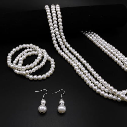 Long Pearl Necklaces for Women Cream White Faux Pearl Strand Layered Necklace Costume Jewelry - color: 3PCS-Necklace,Bracelet,Earring