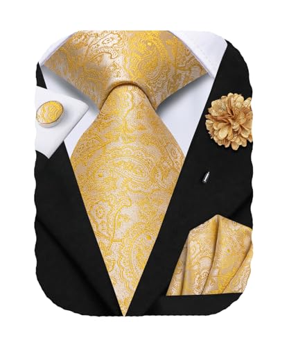 Hi-Tie Men's Silk Ties Formal Woven Classic Necktie Pocket Square Cufflinks Lapel Pin Set Wedding Business - color: A Yellow