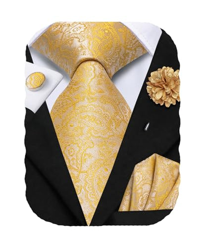 Hi-Tie Men's Silk Ties Formal Woven Classic Necktie Pocket Square Cufflinks Lapel Pin Set Wedding Business - color: A Yellow