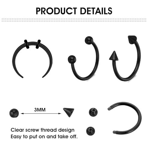 Yolev 9Pcs septum Rings Septum Jewelry 16g 18g Septum Ring Septum Piercing 20g Horseshoe Earring Hoop Stainless Steel Nose Ring Hoop Nose Piercing Jewelry for Women and Men - color: black