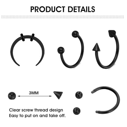 Yolev 9Pcs septum Rings Septum Jewelry 16g 18g Septum Ring Septum Piercing 20g Horseshoe Earring Hoop Stainless Steel Nose Ring Hoop Nose Piercing Jewelry for Women and Men - color: black