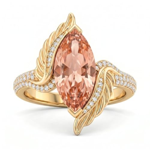 WSX Marquise Cut Gemstone Statement Ring for Women 10K 14K 18K Gold Vintage Feather Design Gemstone Promise Rings Jewelry Gifts - color: Morganite