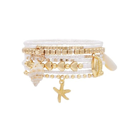 LALAPPLE Shell Bracelet Boho Beaded Stretch Bracelets for Women Seashell Strand Bracelets Starfish Charm Jewelry Summer Beach Jewelry Stackable Crystal Gold Plated Beads Bracelet for Women - style: Style3