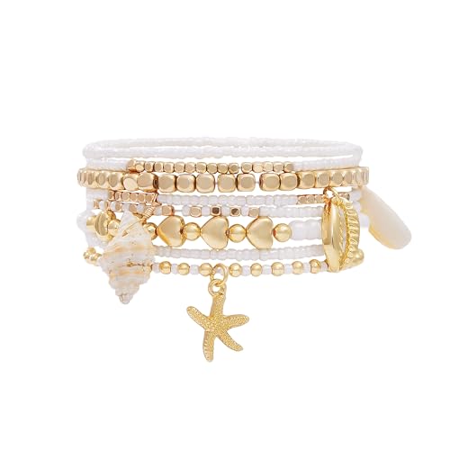 LALAPPLE Shell Bracelet Boho Beaded Stretch Bracelets for Women Seashell Strand Bracelets Starfish Charm Jewelry Summer Beach Jewelry Stackable Crystal Gold Plated Beads Bracelet for Women - style: Style3