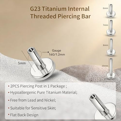 limerencia 16G/18G Hypoallergenic Internal Threaded Titanium Bar Post Replacement,Flat Back Stud Earrings Post Medusa Helix Couch Labret Bar for Women Men Sensitive Ears(A Pair) - color: silver tone, size: 16G-5mm