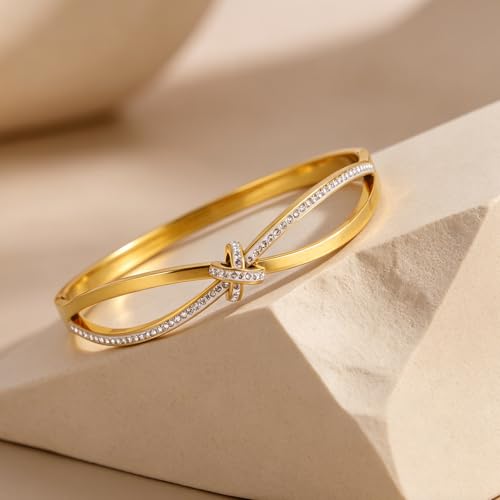 hotoo Gold Plated Bangle Bracelet for Women - style: Twisted Crystal Knot