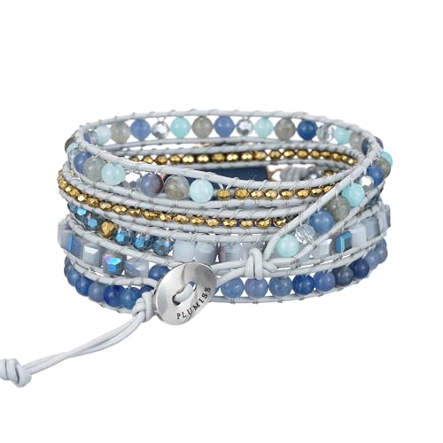 Plumiss Women Boho Handmade Natural Stone Crystal Leather Bead Wrap Bracelets Collection - style: Blue Aventurine 5W