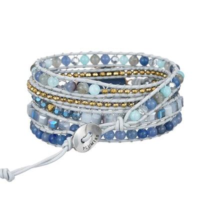 Plumiss Women Boho Handmade Natural Stone Crystal Leather Bead Wrap Bracelets Collection - style: Blue Aventurine 5W