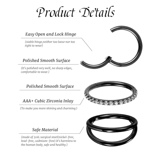 GAGABODY 2 Pcs Nose Rings 22G 20G 18G 16G 14G 12G 10G 8G Surgical Steel Piercing Rings for Nose Septum Cartilage Helix Tragus Conch Rook Daith Lobe from 5mm to 16mm Seamless Hoop Unisex Hinged Earrings - color: Black-Single&Double&CZ Hoop