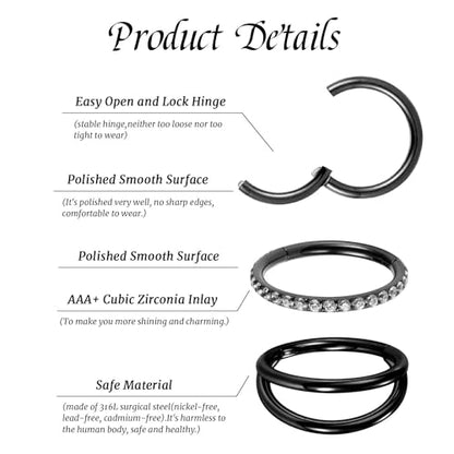 GAGABODY 2 Pcs Nose Rings 22G 20G 18G 16G 14G 12G 10G 8G Surgical Steel Piercing Rings for Nose Septum Cartilage Helix Tragus Conch Rook Daith Lobe from 5mm to 16mm Seamless Hoop Unisex Hinged Earrings - color: Black-Single&Double&CZ Hoop