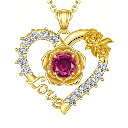 Birthstones Necklace Gifts for Women Love Heart Necklaces for Womenwith Rose Flower Jewelry Gifts for Mother's Day Valentine's Day Engagement Birthday Thanksgiving Christmas - color: July