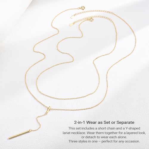 EPIRORA Layered Necklaces for Women, 16” & 20“ Double-Layer Lariat Necklace | 14k Gold/Silver Plated Long Necklaces for Women Trendy Layered Bar Pendant Drop Necklace Lariat Y Necklace Prom Jewelry Gifts - color: Gold