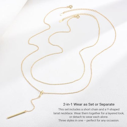 EPIRORA Layered Necklaces for Women, 16” & 20“ Double-Layer Lariat Necklace | 14k Gold/Silver Plated Long Necklaces for Women Trendy Layered Bar Pendant Drop Necklace Lariat Y Necklace Prom Jewelry Gifts - color: Gold
