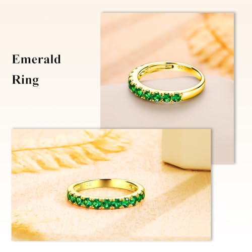 Bezel Set Birthstone Wedding Band 14K Gold Sterling Silver Stackable Half Eternity Band Rings 2.5mm Wide Ruby/Amethyst/Sapphire/Emerald Green/Aquamarine Ring for Women, Send Gift Box - style: 05-Created Emerald
