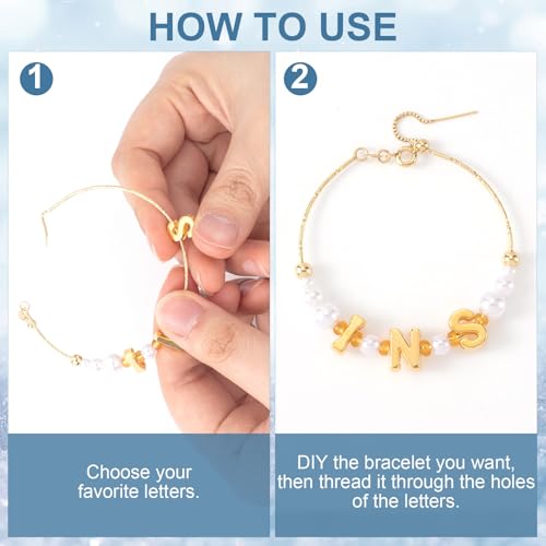 100 Pcs Gold Alphabet Letter Beads, 3D Bulk Resin Pendants | Easy Threading 3D Loose Letter Beads, Large Hole Plastic Initial Charms for Shoelace, KeyChain, Bracelet, Craft, 11×12mm - color: Gold