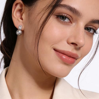 Faux Pearl Cubic Zirconia Stud Earrings, Hypoallergenic Lightweight Round Pearl Studs for Women - color: Blueish Silver, size: Pearl 12mm-CZ 4*8mm
