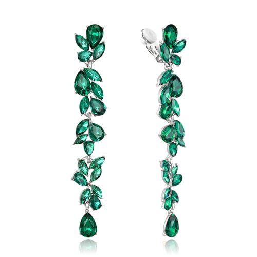 Crysdue Clip On Earrings for Women Rhinestone Crystal Teardrop Cluster Wedding Bridal Non Pierced Long Dangle Earring for Prom Party - color: Green Silver-Tone