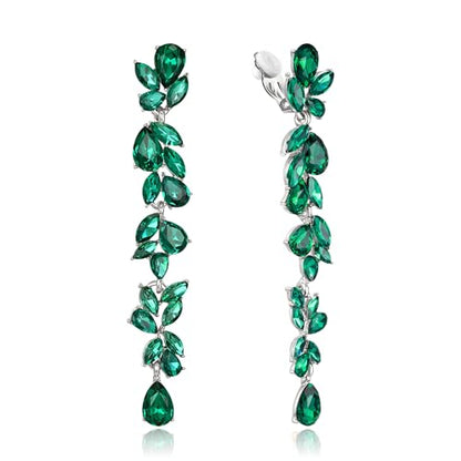 Crysdue Clip On Earrings for Women Rhinestone Crystal Teardrop Cluster Wedding Bridal Non Pierced Long Dangle Earring for Prom Party - color: Green Silver-Tone