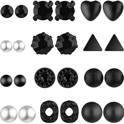 BBTO 24 Pairs Stud Earrings Crystal Pearl Earring Set Ear Stud Jewelry for Women Men - color: Black