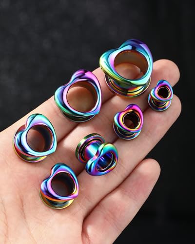 Jewseen 2PCS Rainbow Heart Ear Gauges Plugs Tunnels 316L Stainless Steel Ear Expander Piercing Jewelry